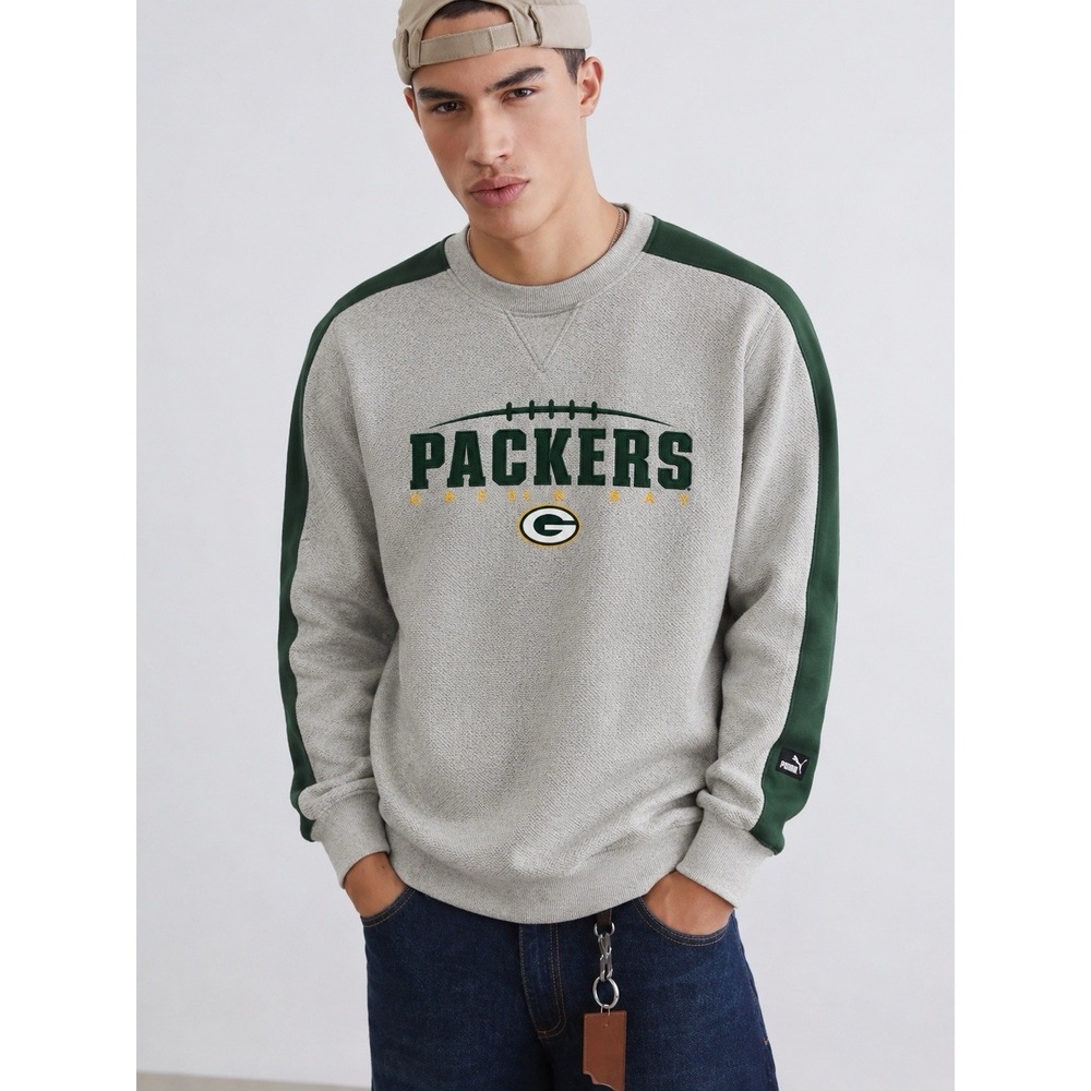 Vintage Puma Green Bay Packers Sweatshirt Gray NFL Crewneck Heavy L Embroidered